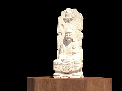 White Stone Buddha Statue Seated On Wooden Base With Intricate Carvings Against Black Background 3d model