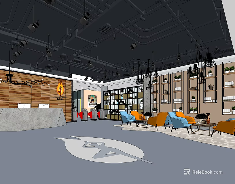 Fitness Center Interior Design With Wooden Wall Reception Colorful Chairs And Yoga Logo 3d model 