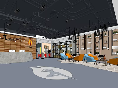 Fitness Center Interior Design With Wooden Wall Reception Colorful Chairs And Yoga Logo 3d model