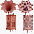 Vintage Gramophones With Golden Horns Wooden Bases And Intricate Decorative Patterns