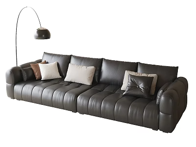 Black Leather Sectional Sofa with Decorative Pillows and Floor Lamp in Living Room 3d model