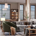 Modern Dining and Living Room Interior With Comfortable Sofa Wooden Coffee Table And Large Windows