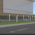 Modern School Building With Glass Facade And Students Walking Near Roadside Fence