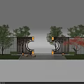 Chinese Style Symmetrical Archway With Circular Elements Red Maple Trees And Green Plants 3d model