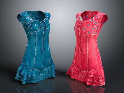 Blue and Pink Denim Sleeveless Dresses With Ruffled Hem and Decorative Details 3d model