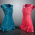 Blue and Pink Denim Sleeveless Dresses With Ruffled Hem and Decorative Details
