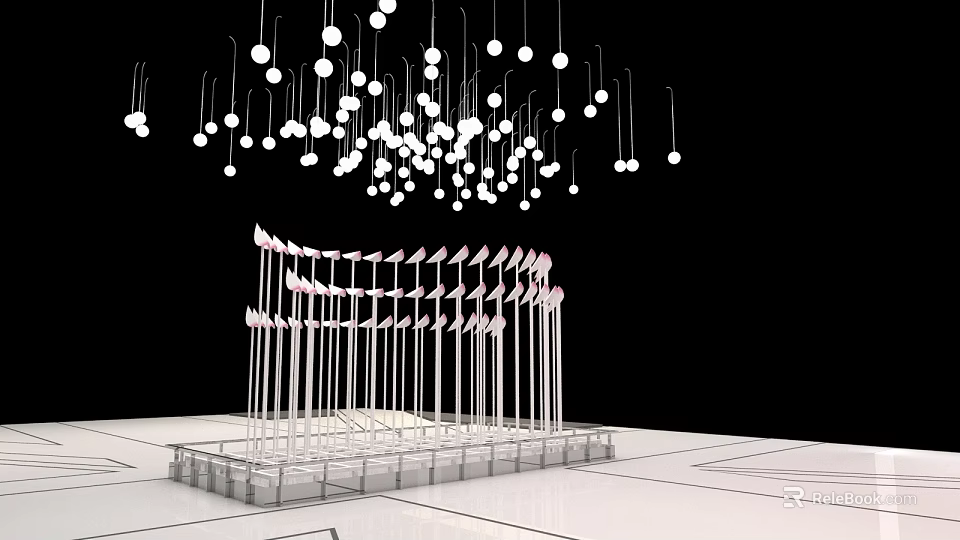 Art Installation With Suspended White Spheres Above Vertical Poles On Base Platform Against Black Background 3d model 