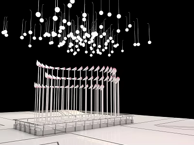 Art Installation With Suspended White Spheres Above Vertical Poles On Base Platform Against Black Background 3d model