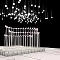 Art Installation With Suspended White Spheres Above Vertical Poles On Base Platform Against Black Background