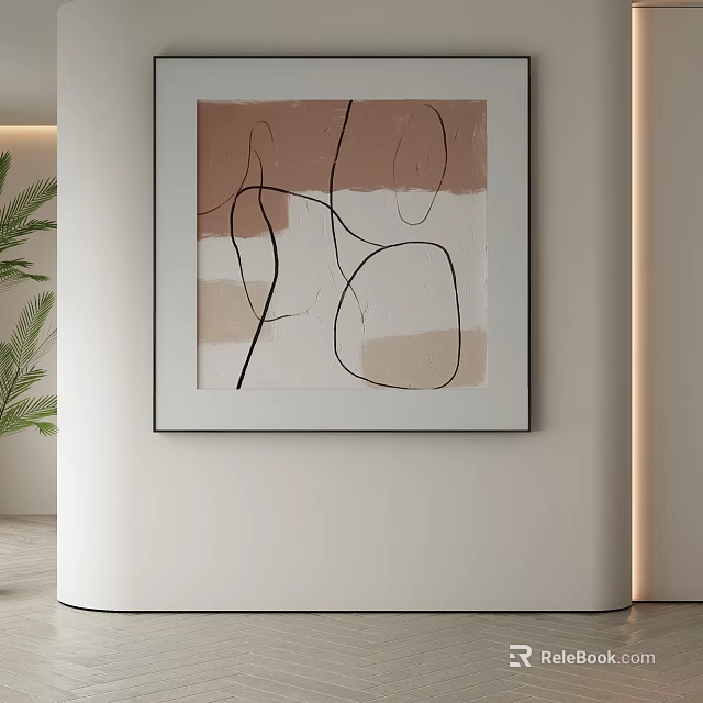 Abstract Painting With Soft Beige Brown Tones And Black Curved Lines For Modern Interior Decor 3d model 