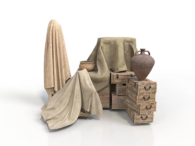 Sculptural Art Display With Beige Cloth Covered Objects Clay Jar And Wooden Chest Drawers 3d model