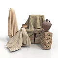 Sculptural Art Display With Beige Cloth Covered Objects Clay Jar And Wooden Chest Drawers