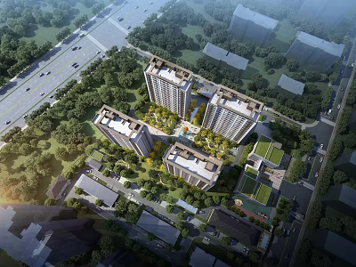 Birds Eye View Master Plan Of Residential High Rises With Green Spaces And Road Networks 3d model