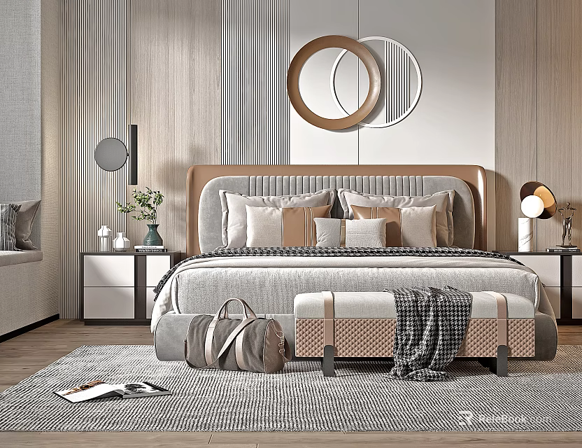 Modern Double Bed Interior With Decorative Pillows Upholstered Headboard Circular Wall Decor And Nightstands 3d model 