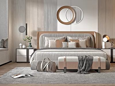 Modern Double Bed Interior With Decorative Pillows Upholstered Headboard Circular Wall Decor And Nightstands 3d model