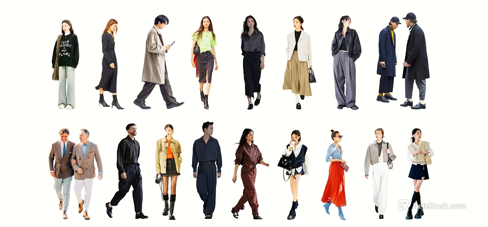 Multiple People Showcasing Diverse Modern Fashion Outfits With Stylish Poses 3d model 