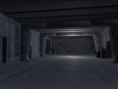 Industrial Long Passage Interior With Concrete Walls Metal Vents And Ceiling Lighting 3d model