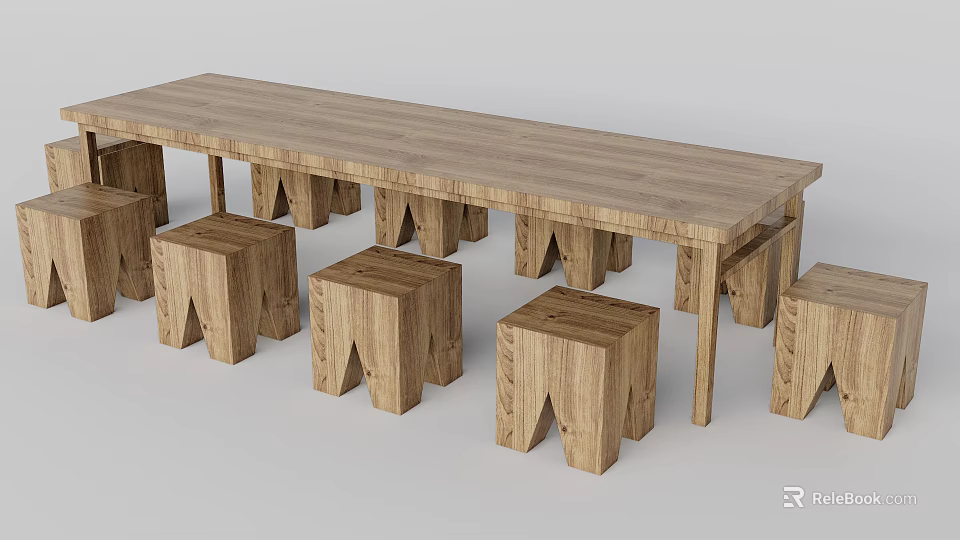 Natural Solid Wood Long Table And Matching Stools Set For Dining Space 3d model 