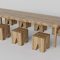 Natural Solid Wood Long Table And Matching Stools Set For Dining Space