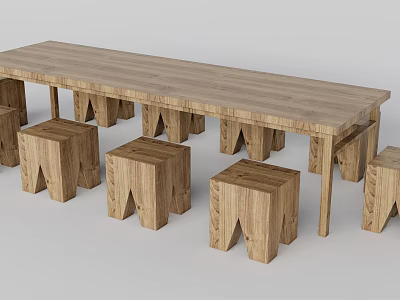 Natural Solid Wood Long Table And Matching Stools Set For Dining Space 3d model