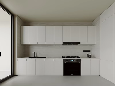 Modern Minimalist Kitchen Interior With White Cabinets Black Oven Sink And Range Hood 3d model
