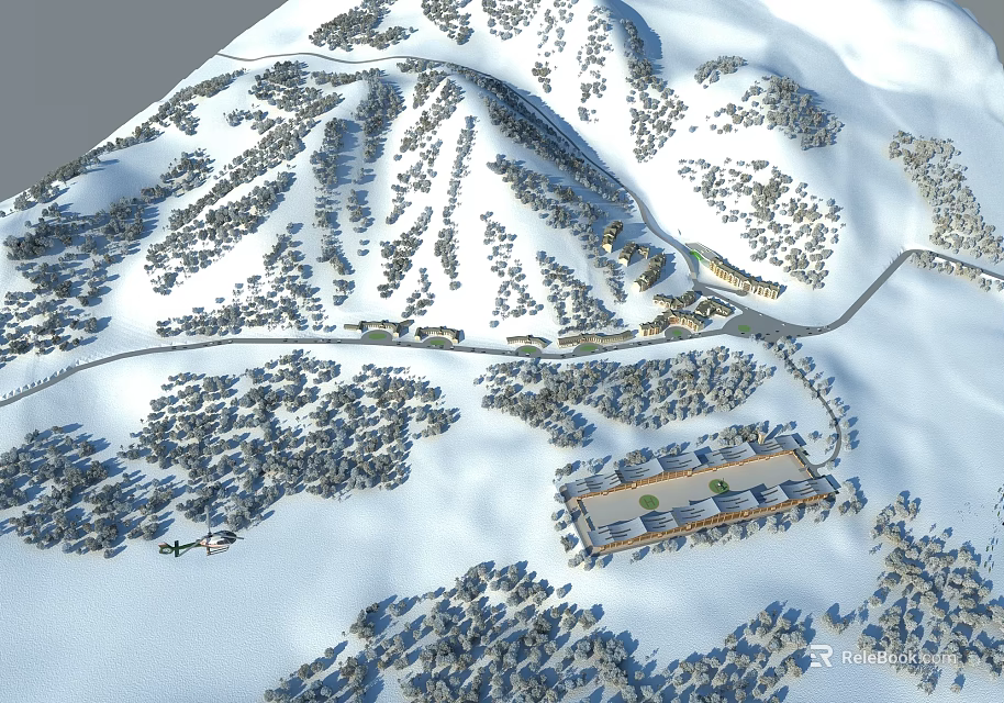 Aerial View Of Snow Covered Mountain Ski Resort Master Planning With Paved Roads And Forested Areas 3d model 