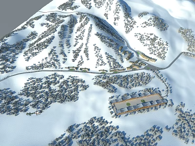 Aerial View Of Snow Covered Mountain Ski Resort Master Planning With Paved Roads And Forested Areas 3d model