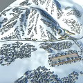Aerial View Of Snow Covered Mountain Ski Resort Master Planning With Paved Roads And Forested Areas