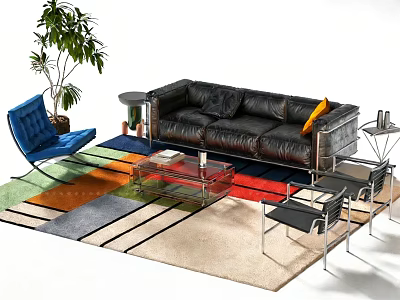 Black Leather Sofa And Glass Coffee Table Set With Colorful Rug Blue Chair And Plant 3d model