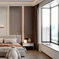 Elegant Modern Bedroom Interior With Upholstered Bed Stuffed Toy And City View Window