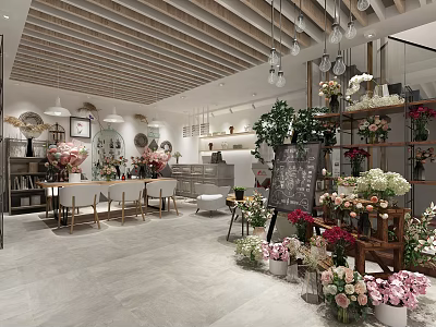 Floral Shop Interior With Colorful Flowers Hanging Lights Wooden Ceiling And Decorative Racks 3d model
