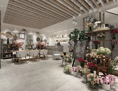 Floral Shop Interior With Colorful Flowers Hanging Lights Wooden Ceiling And Decorative Racks 3d model