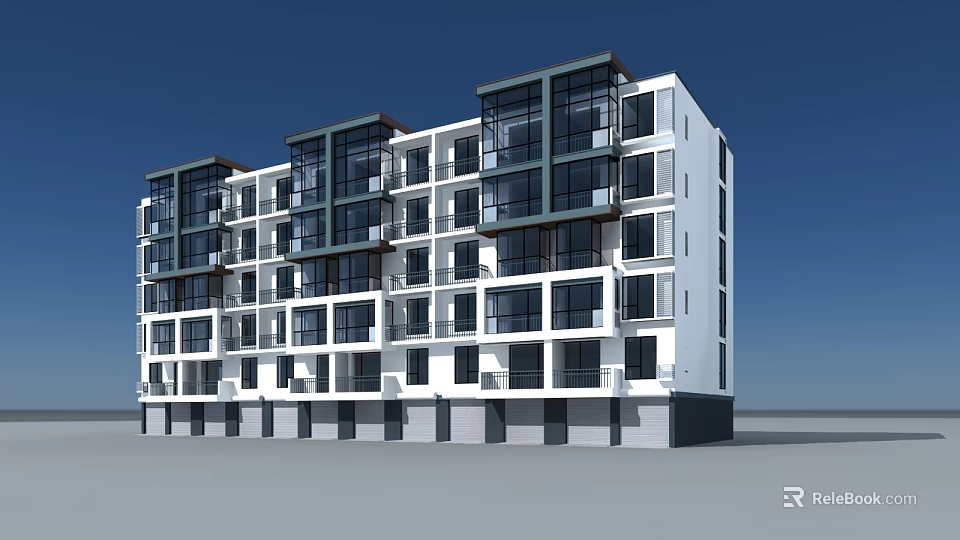 Modern Multi Storey Residential Building With White Dark Facade Large Windows And Balconies 3d model 