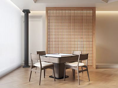 Bright Interior Featuring Wooden Lattice Screen Square Dining Table Four Chairs And White Walls 3d model