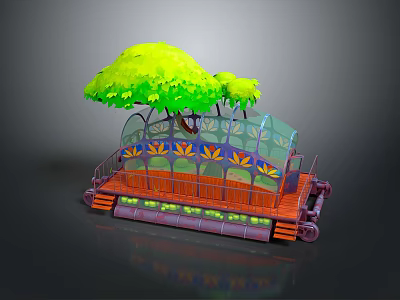 Decorative Garden Structure with Green Tree Glass Roof Colorful Patterns and Wooden Base 3d model