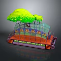Decorative Garden Structure with Green Tree Glass Roof Colorful Patterns and Wooden Base