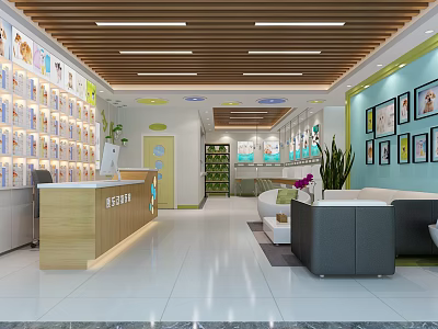 Bright Modern Pet Home Interior Featuring Reception Desk Display Walls And Comfortable Seating 3d model