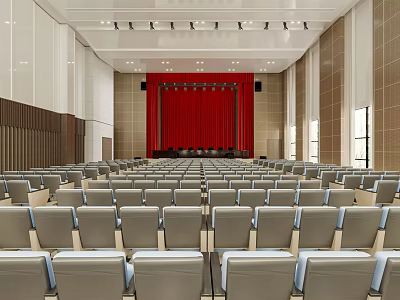 Modern Conference Room Interior With Red Curtain And Rows Of Gray Seats 3d model