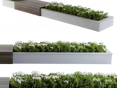 Outdoor Garden Decor With Rectangular Planter Boxes Green Plants White Flowers And Wooden Deck 3d model