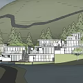 Modern Multi Story Guesthouse With Large Windows Balconies Trees And Mountain View
