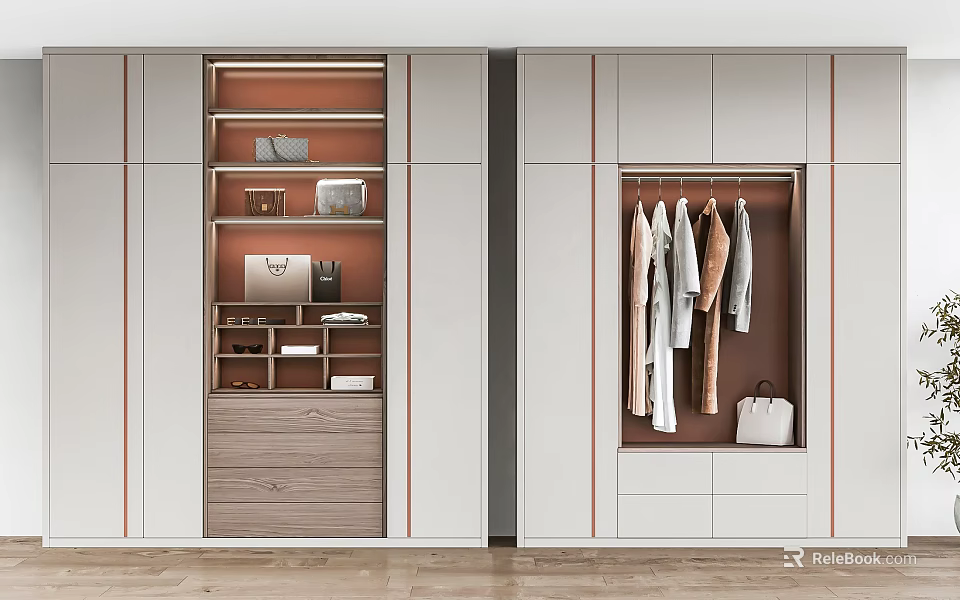 Modern Wardrobe Interior With Hanging Clothes Drawers Lighting Accent Lines And Handbag 3d model 