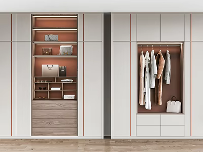 Modern Wardrobe Interior With Hanging Clothes Drawers Lighting Accent Lines And Handbag 3d model