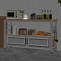 Functional Kitchen Storage Cabinet with Microwave Bowls Spice Jars Oranges and Knives on Wooden Countertop