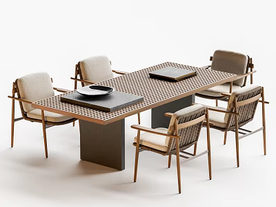 Modern Dining Table Set With Checkerboard Top And Four Light Upholstered Chairs 3d model