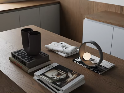 Modern Inflatable Decorative Piece On Wooden Table With Books Lamp And Cups 3d model