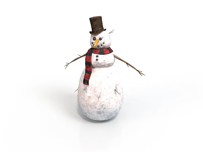 Winter Scene Component With Snowman In Black Top Hat Carrot Nose And Stick Arms 3d model
