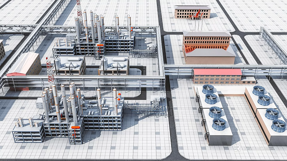 Industrial Plant Complex Featuring Multiple Buildings Chimneys Pipes And Cooling Towers 3d model 