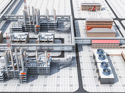 Industrial Plant Complex Featuring Multiple Buildings Chimneys Pipes And Cooling Towers 3d model