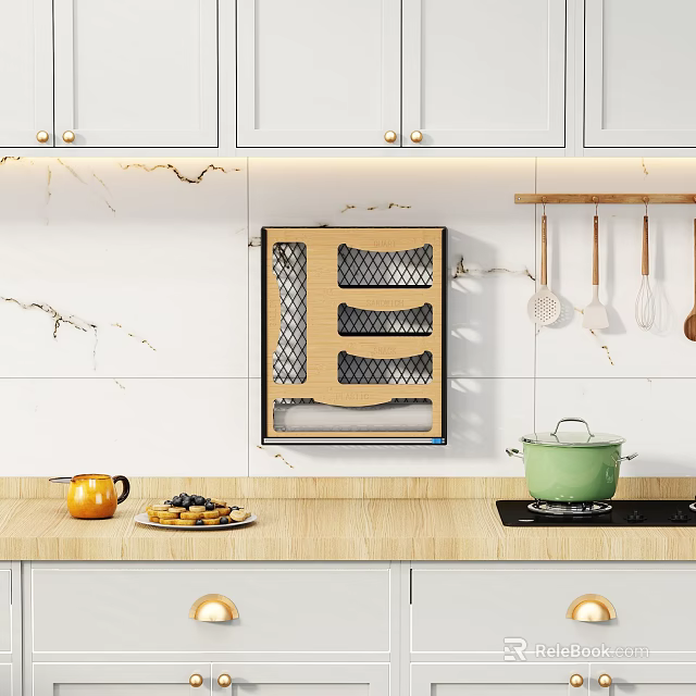 White Kitchen Cabinets With Marble Backsplash Wooden Countertop And Hanging Utensils 3d model 