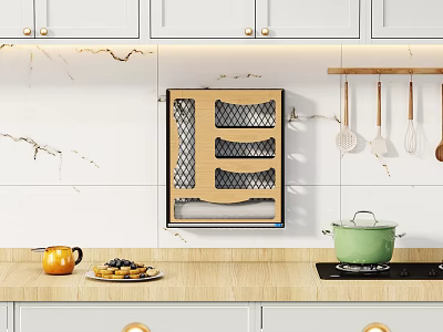White Kitchen Cabinets With Marble Backsplash Wooden Countertop And Hanging Utensils 3d model
